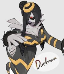 Rule 34 | black sclera, bracelet, breasts, choker, cleavage, colored sclera, creatures (company), cyclops, dress, dusknoir, game freak, gen 4 pokemon, ghost, ghost tail, hair bun, highres, jewelry, large breasts, looking at viewer, nintendo, one-eyed, pokemon, pokemon (creature), red eyes, side slit, spiked bracelet, spikes, thick thighs, thighs, togetoge, wide hips
