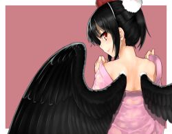 Rule 34 | 1girl, alternate costume, alternate hairstyle, back, bare shoulders, black hair, black wings, female focus, from behind, hair up, hat, japanese clothes, kimono, looking at viewer, looking back, nazunakku, no bra, pom pom (clothes), profile, red eyes, shameimaru aya, short hair, simple background, smile, solo, sweat, tokin hat, touhou, undressing, upper body, wings