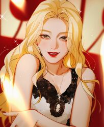 Rule 34 | 1girl, blush, bu xiaoxin kou diao, collarbone, cross, cross necklace, dress, g-i-dle, glint, grey eyes, highres, jewelry, k-pop, long hair, looking at viewer, nail polish, necklace, real life, red lips, red nails, smile, solo, sparkle, white dress, yeh shuhua