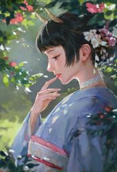 Rule 34 | 1girl, black hair, blunt bangs, choker, closed mouth, commentary, day, english commentary, finger to mouth, flower, from side, hair bun, hair flower, hair ornament, half-closed eyes, horns, japanese clothes, kanzashi, kimono, lipstick, makeup, nature, obi, oni horns, original, plant, profile, sally chang, sash, sidelocks, single hair bun, smile, solo, upper body