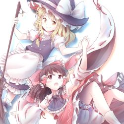 Rule 34 | 2girls, apron, armpits, blonde hair, bloomers, blush, bow, broom, brown eyes, brown hair, detached sleeves, hair bow, hair tubes, hakurei reimu, hat, hat bow, highres, holding hands, kirisame marisa, long hair, minust, multiple girls, open mouth, puffy short sleeves, puffy sleeves, ribbon-trimmed sleeves, ribbon trim, sarashi, short sleeves, skirt, skirt set, smile, touhou, underwear, waist apron, wide sleeves, witch hat, yellow eyes