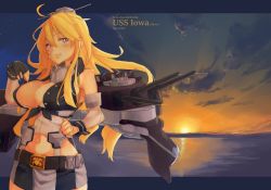 Rule 34 | 10s, 1girl, blonde hair, blue eyes, breasts, character name, cleavage, cowboy shot, elbow gloves, fingerless gloves, front-tie top, gloves, hair between eyes, iowa (kancolle), kantai collection, large breasts, machinery, miniskirt, pekoni (peconi), skirt, solo, star-shaped pupils, star (symbol), sunset, symbol-shaped pupils