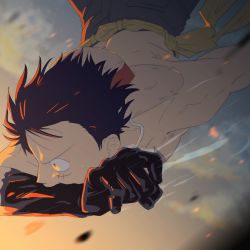 Rule 34 | 1boy, black hair, clenched hand, falling, fighting, midair, monkey d. luffy, obobkkp, one piece, scar, scar on face, short hair, solo, topless male, upside-down