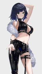 Rule 34 | 1girl, absurdres, alternate costume, arm at side, arm behind head, arm up, asymmetrical legwear, bare shoulders, belt, black belt, black pants, black pantyhose, blue hair, bob cut, breasts, cleavage cutout, closed mouth, clothing cutout, commentary, contrapposto, cowboy shot, crop top, dark blue hair, diagonal bangs, earrings, feather boa, finger gun, genshin impact, green eyes, grey background, highres, jewelry, large breasts, light smile, looking at viewer, navel, pants, pantyhose, raiya atelier, shirt, short hair, simple background, sleeveless, sleeveless shirt, solo, stomach, thigh strap, uneven legwear, yelan (genshin impact)