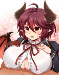 Rule 34 | 10s, 1boy, 1girl, afuro, blazer, blush, breasts, claws, covered erect nipples, dragon horns, dragon wings, fang, frilled shirt, frills, granblue fantasy, grea (shingeki no bahamut), hair between eyes, heart, horns, huge breasts, jacket, open clothes, open jacket, open mouth, paizuri, paizuri under clothes, pointy ears, purple hair, red eyes, red ribbon, ribbon, shingeki no bahamut, shirt, short hair, solo focus, upper body, white shirt, wings