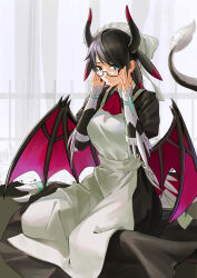 Rule 34 | 1girl, absurdres, apron, ascot, black hair, breasts, bun cover, closed mouth, collared dress, commentary, dragon girl, dragon horns, dragon tail, dragon wings, dress, duel monster, glasses, green eyes, hands up, highres, ho shi, horns, house dragonmaid, large breasts, long dress, long sleeves, looking at viewer, maid, maid apron, maid headdress, puffy long sleeves, puffy sleeves, red ascot, sitting, solo, tail, wariza, white apron, wings, yu-gi-oh!