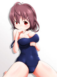 Rule 34 | 1girl, blue one-piece swimsuit, breasts, brown hair, cleavage, clothes pull, covered navel, gradient background, hair ornament, hairclip, highres, makom, old school swimsuit, one-piece swimsuit, one-piece swimsuit pull, original, red eyes, school swimsuit, short hair, sitting, solo, strap slip, swimsuit, wariza