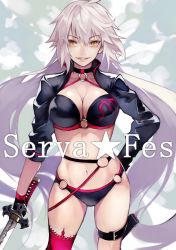 Rule 34 | 1girl, absurdres, bikini, black bra, black gloves, black jacket, black panties, bra, breasts, choker, cleavage, collarbone, commentary request, fate/grand order, fate (series), gloves, grin, hair between eyes, hand on own hip, highres, holding, holding sword, holding weapon, jacket, jeanne d&#039;arc alter (swimsuit berserker) (fate), jeanne d&#039;arc (fate), jeanne d&#039;arc alter (fate), jeanne d&#039;arc alter (swimsuit berserker) (fate), large breasts, long hair, looking at viewer, navel, o-ring, panties, single thighhigh, smile, solo, star (symbol), swimsuit, sword, thighhighs, underwear, very long hair, weapon, white hair, yellow eyes, yoshio (55level)