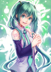 Rule 34 | 1girl, bad id, bad pixiv id, detached sleeves, fanany, green eyes, green hair, hatsune miku, long hair, matching hair/eyes, necktie, revision, solo, twintails, very long hair, vocaloid