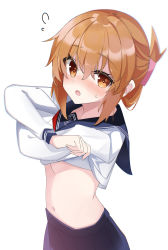 Rule 34 | 1girl, absurdres, anchor symbol, black sailor collar, black skirt, blush, brown eyes, brown hair, fathom, folded ponytail, hair between eyes, highres, inazuma (kancolle), kantai collection, long hair, long sleeves, navel, neckerchief, open mouth, pleated skirt, red neckerchief, sailor collar, school uniform, serafuku, simple background, skirt, solo, upper body, white background