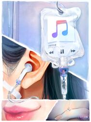 Rule 34 | 1girl, absurdres, black hair, close-up, closed mouth, commentary request, digital media player, ear focus, earphones, highres, intravenous drip, itunes, iv stand, logo, mouth focus, multiple views, musical note, original, red lips, tears, utsusemi rari