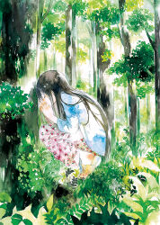 Rule 34 | 1girl, black hair, closed eyes, covering own mouth, day, floral print, forest, from side, long hair, making-of available, moekon, mori girl, nature, original, outdoors, painting (medium), plant, print skirt, profile, sandals, skirt, solo, squatting, traditional media, tree, watercolor (medium)