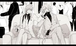 2boys alternate_costume alternate_hairstyle braid closed_mouth collared_shirt couch crossed_legs cup cushion drinking_glass earrings fate/grand_order fate_(series) flower_earrings frown glasses gloves greyscale hair_between_eyes hand_grab holding holding_cup jacket jewelry lamp letterboxed long_hair long_sleeves looking_at_another low_ponytail male_focus merlin_(fate) monochrome multiple_boys necktie open_clothes open_jacket pants people pillow pinstripe_jacket pinstripe_pants pinstripe_pattern pointy_ears ponytail romani_archaman ruoyin shirt side_braid single_braid sitting striped_clothes striped_jacket striped_pants turtleneck vertical-striped_clothes vertical-striped_jacket vertical-striped_pants very_long_hair vest wine_glass wing_collar