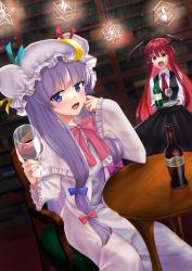 Rule 34 | 2girls, :d, akira (salmo-tora-ke), alcohol, black vest, blue bow, blue ribbon, blunt bangs, blush, book, bookshelf, bottle, bow, breasts, candle, capelet, chair, crescent, crescent hat ornament, cup, double bun, dress, drinking glass, dutch angle, frills, hair bow, hair bun, hair ribbon, hat, hat ornament, hat ribbon, head wings, highres, holding, holding cup, indoors, koakuma, long hair, long sleeves, mob cap, multiple girls, necktie, open mouth, patchouli knowledge, puffy sleeves, purple dress, purple eyes, purple hair, red bow, red eyes, red hair, red ribbon, ribbon, robe, shirt, sitting, skirt, skirt set, smile, striped clothes, striped dress, table, tea, teacup, teapot, touhou, tress ribbon, vertical stripes, very long hair, vest, white shirt, wine glass, wings