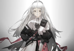 Rule 34 | 1girl, absurdres, arknights, belt, black gloves, black jacket, brown eyes, closed mouth, cowboy shot, earrings, glint, gloves, gradient background, grey background, grey hair, gun, hand on own hip, head wings, highres, holding, holding sword, holding weapon, irene (arknights), jacket, jewelry, long hair, long sleeves, puffy long sleeves, puffy sleeves, purple skirt, rapier, scar, scar across eye, scar on face, skirt, smile, solo, sword, very long hair, weapon, white skirt, wings, yeyuanqianqianqian