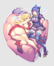 Rule 34 | 2girls, absurdres, ass, bad id, bad twitter id, bangle, black dress, black footwear, blonde hair, blue eyes, blue hair, blue ribbon, blunt bangs, bracelet, breasts, candy, collared dress, couch, dress, earrings, finger to mouth, food, foreshortening, from above, gomashio ponz, grey background, hair between eyes, halo, hand up, high heels, highres, holding, holding candy, holding food, holding lollipop, hoop earrings, jewelry, kneepits, large breasts, lollipop, long hair, long sleeves, looking at viewer, looking back, medium breasts, multicolored hair, multiple girls, nail polish, naughty face, neck ribbon, open mouth, panties, panty &amp; stocking with garterbelt, panty (psg), panty pull, pink hair, pink panties, puffy sleeves, pulling own clothes, purple nails, raised eyebrows, red dress, red footwear, red nails, ribbon, siblings, side-tie panties, simple background, sisters, sitting, stocking (psg), striped clothes, striped legwear, striped thighhighs, stuffed animal, stuffed cat, stuffed toy, thighhighs, thighs, twitter username, two-tone hair, underwear