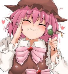 Rule 34 | 1girl, animal ears, bird ears, blush, brown dress, brown hat, closed eyes, closed mouth, dango, dress, earrings, eating, food, food on face, frilled sleeves, frills, hair between eyes, hat, heart, highres, holding, holding food, jewelry, long sleeves, motion lines, mystia lorelei, nasunasuurin, pink hair, sanshoku dango, short hair, simple background, single earring, smile, solo, touhou, upper body, wagashi, white background, winged hat