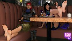 Rule 34 | 2girls, armored boots, bare shoulders, barefoot, boots, breast armor, crossed legs, cup, drinking glass, high heels, jessie (ff7), legs on table, legs up, multiple girls, restaurant, sitting, table, tifa lockhart, tifa lockhart (refined dress), wine glass