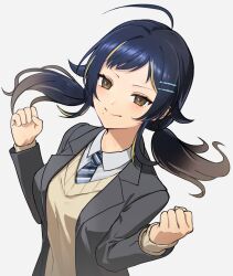 Rule 34 | 1girl, ahoge, akimikan (2.5deciliter), black hair, black jacket, blazer, blonde hair, blue necktie, breasts, brown eyes, brown sweater, character request, clenched hands, commentary request, fusion, grey background, hair flaps, hair ornament, hairclip, hands up, highres, idolmaster, idolmaster shiny colors, jacket, light blush, long sleeves, looking at viewer, low twintails, medium breasts, medium hair, mole, mole under mouth, multicolored hair, necktie, partial commentary, sakurakazamiya himeno, shirt, sidelocks, smile, solo, sweater, twintails, two-tone hair, upper body, v-shaped eyebrows, white shirt, wing collar