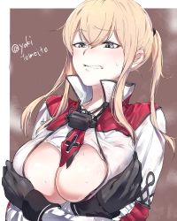 Rule 34 | 10s, 1girl, blonde hair, breast hold, breasts, capelet, clenched teeth, cross, female focus, graf zeppelin (kancolle), grey eyes, hair between eyes, impossible clothes, jacket, kantai collection, large breasts, necktie, sidelocks, solo, sweatdrop, teeth, tsurime, twintails, twitter username, yakitomato