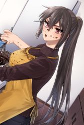 Rule 34 | 1girl, alternate costume, apron, black hair, black sweater, bowl, chocolate, commentary request, cowboy shot, denim, dutch angle, highres, jeans, kantai collection, long hair, looking at viewer, machi (ritovoyage), nagato (kancolle), open mouth, pants, red eyes, ribbed sweater, solo, sweater, twitter username, yellow apron