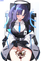 Rule 34 | 1girl, absurdres, belt pouch, blue archive, blue eyes, blue necktie, blush, breasts, chocolate, collared shirt, formal, gloves, half gloves, halo, highres, id card, jacket, kkato, large breasts, long hair, long sleeves, looking at viewer, medium breasts, miniskirt, necktie, open clothes, open jacket, open mouth, panties, pantyshot, parted bangs, pleated skirt, pouch, purple eyes, purple hair, shirt, sidelocks, simple background, skirt, solo, suit, thighs, two-sided fabric, two-sided jacket, two side up, underwear, white shirt, yuuka (blue archive)