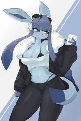 Rule 34 | 1girl, :3, absurdres, animal ears, animal nose, arm at side, averting eyes, bare shoulders, bikini, bikini under clothes, black bikini, black jacket, black pants, blue background, blue fur, blue hair, blue sclera, blush, body fur, bow, breasts, cellphone, cleavage, closed mouth, colored sclera, cowboy shot, creatures (company), crop top, eyewear on head, female focus, fur-trimmed jacket, fur trim, furry, furry female, game freak, gen 4 pokemon, glaceon, hair bow, half-closed eyes, hand up, highleg, highleg bikini, highres, holding, holding phone, jacket, large breasts, long hair, long sleeves, looking to the side, midriff, multicolored hair, navel, nintendo, off-shoulder shirt, off shoulder, open clothes, open jacket, pants, personification, phone, pokemon, pokemon (creature), shirt, sidelocks, simple background, smartphone, solo, standing, stomach, string bikini, sunglasses, swimsuit, tail, tongue, tongue out, two-tone background, two-tone hair, white bow, white eyes, white shirt, wide hips, yoru (yoru vida)