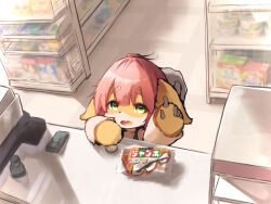 Rule 34 | 1other, absurdres, ambiguous gender, blunt bangs, blush, cash register, choco monaka jumbo, commentary request, convenience store, fang, floppy ears, furry, green eyes, highres, indoors, looking at viewer, open mouth, original, other focus, pink hair, shop, short hair, skin fang, tab head, thick eyebrows, upper body, yen
