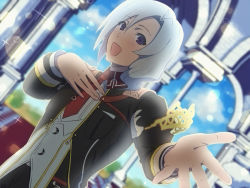 Rule 34 | 1boy, :d, arch, bishnal (rune factory), day, dutch angle, hair between eyes, hand up, indoors, lens flare, long sleeves, looking at viewer, male focus, medium hair, nishieda kanoe, open mouth, outstretched arm, rune factory, rune factory 4, silver hair, smile, solo, standing, uniform, upper body