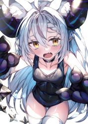 Rule 34 | 1girl, animal ear fluff, animal ears, animal hands, bare shoulders, black one-piece swimsuit, blush, breasts, cat ears, choker, collarbone, covered navel, demon horns, extra ears, fang, gloves, hololive, horns, la+ darknesss, long hair, looking at viewer, multicolored hair, one-piece swimsuit, open mouth, paw gloves, pointy ears, redcomet, silver hair, small breasts, solo, streaked hair, striped horns, swimsuit, thighhighs, thighs, virtual youtuber, white thighhighs, yellow eyes