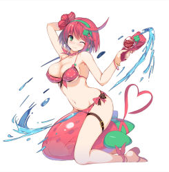 Rule 34 | 1girl, bikini, blush, closed mouth, clover hair ornament, elphelt valentine, flower, full body, green eyes, guilty gear, guilty gear xrd, hair flower, hair ornament, hairband, heart, holding, looking at viewer, migumigu, navel, pink hair, polka dot, polka dot bikini, red bikini, red flower, short hair, simple background, smile, solo, straddling, swimsuit, water, water gun, white background