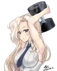 Rule 34 | 1girl, armpits, black necktie, blonde hair, breasts, collared shirt, commentary request, dated, dumbbell, exercising, grey eyes, highres, hornet (kancolle), kantai collection, large breasts, long hair, necktie, shirt, simple background, sleeveless, sleeveless shirt, solo, sweat, tk8d32, upper body, watermark, weightlifting, white background, white shirt