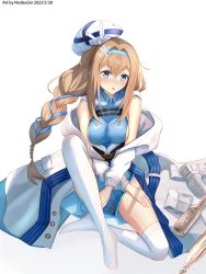 Rule 34 | 1girl, :o, absurdres, alcohol, artist name, belt, blonde hair, blue dress, blue eyes, blue hairband, blue ribbon, blush, boots, unworn boots, bottle, braid, braided ponytail, breasts, coat, coat dress, crossed arms, dated, dress, full body, girls&#039; frontline, hair ornament, hair ribbon, hairband, highres, long hair, long sleeves, looking at viewer, medium breasts, mod3 (girls&#039; frontline), nanbugin, on floor, open clothes, open coat, open mouth, ribbon, snowflake hair ornament, solo, suomi (girls&#039; frontline), suomi (mod3) (girls&#039; frontline), thighhighs, vodka, white background, white coat, white headwear, white thighhighs