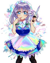 Rule 34 | absurdres, apron, artist request, black pantyhose, blue eyes, braid, closed mouth, frills, highres, izayoi sakuya, knife, looking at viewer, maid, maid headdress, pantyhose, rainbow gradient, short hair, silver hair, smile, touhou, twin braids, unconnected marketeers, waist apron