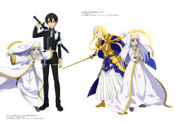 Rule 34 | 1boy, 2girls, absurdres, alice zuberg, armor, artist request, black shirt, blonde hair, blouse, crossover, gold armor, highres, holding, holding sword, holding weapon, index (toaru majutsu no index), kirito, multiple girls, robe, shirt, simple background, sword, sword art online, sword art online: alicization, toaru majutsu no index, weapon, white background, white robe