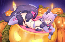 Rule 34 | 1girl, animal ears, breasts, commentary request, cosplay, elbow gloves, fate/grand order, fate (series), fur trim, gloves, hair over one eye, halloween costume, jack-o&#039;-lantern, large breasts, looking at viewer, lying, mash kyrielight, mash kyrielight (dangerous beast), official alternate costume, open mouth, pumpkin, purple eyes, purple gloves, purple thighhighs, revealing clothes, short hair, skyrail, smile, solo, tail, thighhighs, wolf ears, wolf tail