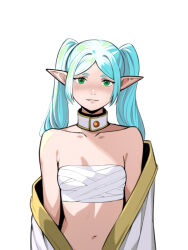 Rule 34 | 1girl, alternate hair color, aqua hair, arms at sides, bare shoulders, blush, breasts, chest sarashi, collarbone, commentary, detached collar, elf, embarrassed, english commentary, frieren, green eyes, highres, hikimayu, light smile, long hair, looking at viewer, midriff, navel, nose blush, off shoulder, open clothes, open robe, parted bangs, parted lips, pointy ears, robe, sarashi, short eyebrows, sidelocks, simple background, small breasts, smaragdus, smile, solo, sousou no frieren, thick eyebrows, twintails, undressing, upper body, white background, white robe