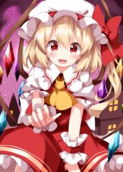 Rule 34 | 1girl, :d, ascot, blonde hair, blush, bow, crystal, fangs, flandre scarlet, frilled shirt collar, frills, hair between eyes, hat, hat bow, highres, looking at viewer, medium hair, mob cap, night, one-hour drawing challenge, one side up, open mouth, outdoors, petticoat, puffy short sleeves, puffy sleeves, reaching, reaching towards viewer, red bow, red eyes, red skirt, red vest, ruu (tksymkw), scarlet devil mansion, short sleeves, skirt, skirt set, smile, solo, touhou, v-shaped eyebrows, vest, wings, yellow ascot