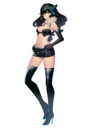 Rule 34 | 1girl, bare shoulders, black gloves, black hair, boots, breasts, cleavage, detached collar, elbow gloves, fiodo, full body, fur trim, game console, gloves, green eyes, hair ornament, hands on own hips, high heels, highres, lips, long hair, looking at viewer, medium breasts, midriff, miniskirt, navel, personification, playstation 3, product girl, shoes, simple background, skirt, smile, solo, sony, standing, stone lantern, thigh boots, thighhighs, wavy hair, white background