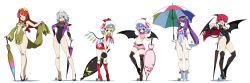 Rule 34 | 6+girls, :d, alternate costume, bare hips, bare legs, bat wings, between breasts, blonde hair, blue eyes, blush, boots, braid, breasts, chinese clothes, cleavage, cleavage cutout, closed umbrella, clothing cutout, covered navel, crescent, crossed legs, demon wings, detached sleeves, double bun, flandre scarlet, flat chest, floating, floating object, full body, groin, hair bun, hair ribbon, hat, head wings, high heels, highleg, highleg leotard, highres, holding, hong meiling, hyouju issei, izayoi sakuya, koakuma, large breasts, legs, leotard, long hair, looking at viewer, maid, maid headdress, midriff, multiple girls, navel, necktie, no headwear, open mouth, outstretched arm, outstretched hand, patchouli knowledge, pelvic curtain, planted, planted umbrella, pointy ears, purple eyes, purple hair, race queen, red eyes, red hair, remilia scarlet, revision, ribbon, scarf, shoes, short hair, shorts, silver hair, simple background, skin tight, smile, standing, star (symbol), stitched, striped, thigh boots, thighhighs, third-party edit, touhou, twin braids, umbrella, vertical stripes, watson cross, white background, wings, wrist cuffs, yellow eyes