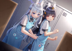 Rule 34 | 2girls, adjusting another&#039;s clothes, angel&#039;s 24 uniform (blue archive), animal ears, apron, black hair, blue apron, blue archive, blue halo, blush, braid, collared shirt, commentary request, fake animal ears, grey hair, grey halo, hair between eyes, halo, highres, indoors, leaf, leaf on head, long hair, lulinco, miyako (blue archive), miyu (blue archive), multiple girls, one side up, parted lips, polo shirt, purple eyes, rabbit ears, red eyes, shirt, short sleeves, white shirt