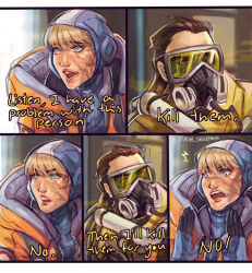 Rule 34 | 1boy, 1girl, ^ ^, angry, apex legends, blonde hair, blue bodysuit, blue eyes, blue gloves, bodysuit, brown hair, buzzfeed unsolved, caustic (apex legends), closed eyes, english text, facial scar, gloves, goggles, hair behind ear, hair slicked back, hazmat suit, hood, hood down, hood up, hooded bodysuit, jacket, looking to the side, nina liu, open hand, open mouth, orange jacket, ribbed bodysuit, scar, scar on cheek, scar on face, wattson (apex legends)