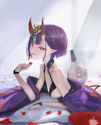 Rule 34 | 1girl, 1s44c, absurdres, alcohol, ass, bare shoulders, bob cut, bottle, breasts, bridal gauntlets, collarbone, cup, eyeliner, fang, fate/grand order, fate (series), headpiece, highres, horns, japanese clothes, kimono, long sleeves, looking at viewer, lying, makeup, on stomach, oni, parted lips, petals, purple eyes, purple hair, purple kimono, revealing clothes, sakazuki, sake, short hair, shuten douji (fate), skin-covered horns, small breasts, smile, solo, wide sleeves