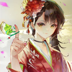 Rule 34 | 1girl, absurdres, black choker, black hair, choker, closed mouth, commentary, earrings, english commentary, fingernails, floral print, flower, hair flower, hair ornament, hair tie, hand up, highres, japanese clothes, jewelry, kimono, long hair, long sleeves, looking at viewer, nail polish, original, petals, pink nails, pointing, print kimono, red flower, red kimono, sisiyong, smile, solo, swept bangs, upper body, yellow eyes