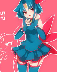Rule 34 | 1girl, animal ears, blue hair, blue thighhighs, creatures (company), elbow gloves, fingerless gloves, forehead jewel, game freak, garter straps, gen 2 pokemon, gloves, highres, looking at viewer, nail polish, nintendo, personification, pokedex number, pokemon, red eyes, skirt, sneasel, solo, tail, thighhighs, zinpati