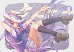 Rule 34 | 1girl, alternate costume, animal ears, arm behind head, black socks, brown footwear, full body, kneehighs, leotard, long hair, lying, one eye covered, outstretched arm, playboy bunny, pleated skirt, purple hair, purple skirt, rabbit ears, rabbit girl, rabbit tail, red eyes, reisen udongein inaba, shoes, short sleeves, skirt, socks, solo, suo niao, tail, touhou, very long hair