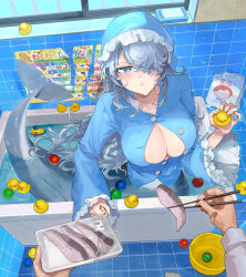 Rule 34 | 1boy, 1girl, absurdres, ball, bar soap, bath, bathroom, bathtub, blue headwear, blue shirt, breasts, chopsticks, cleavage, clenched hand, closed mouth, feeding, fins, fish (food), fish tail, frilled headwear, full body, grey hair, hair over one eye, hat, highres, holding, holding chopsticks, holding toy, indoors, large breasts, long hair, long sleeves, looking at viewer, mermaid, monster girl, original, partially submerged, partially unbuttoned, pout, pov, rubber duck, sakoku (oyatsu3ji ), salt, shark girl, shark tail, shirt, soap, tail, toy, v-shaped eyebrows, wet, wide sleeves, window
