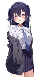 Rule 34 | 1girl, black hair, blue hair, blue necktie, blue skirt, breasts, cardigan, collared shirt, crossed bangs, diamond-shaped pupils, diamond (shape), dress shirt, grey cardigan, grey necktie, hair between eyes, hair ornament, highres, ichinose uruha, ichinose uruha (6th costume), long hair, long sleeves, looking at viewer, medium breasts, miniskirt, multicolored hair, necktie, open cardigan, open clothes, pleated skirt, pome charo, purple eyes, school uniform, shirt, shirt tucked in, skirt, solo, streaked hair, sweatdrop, symbol-shaped pupils, two side up, virtual youtuber, vspo!, white shirt, wing collar, x hair ornament