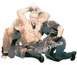 Rule 34 | 3boys, abs, bara, belt, black belt, black gloves, black pants, black shirt, blonde hair, blush, boots, bound, bound wrists, brown hair, brown jacket, clenched teeth, closed mouth, cuffs, dual persona, fingerless gloves, gloves, hand on another&#039;s chin, handcuffs, highres, jack krauser, jacket, katou teppei, large pectorals, leather, leather jacket, leon s. kennedy, looking at another, male focus, multiple boys, muscular, muscular male, nipples, open clothes, open jacket, open pants, pants, pectorals, resident evil, resident evil 4, restrained, scar, scar across eye, scar on face, scar on mouth, shirt, short hair, simple background, smile, teeth, topless male, twitter username, white background, yaoi
