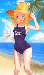 Rule 34 | 1girl, absurdres, beach, blonde hair, breasts, commentary request, covered erect nipples, covered navel, feet out of frame, female focus, gluteal fold, green eyes, hat, highres, looking at viewer, masamika10086, medium hair, moriya suwako, ocean, open mouth, orange hat, outdoors, palm tree, pyonta, school swimsuit, small breasts, smile, solo, standing, swimsuit, touhou, tree, wet